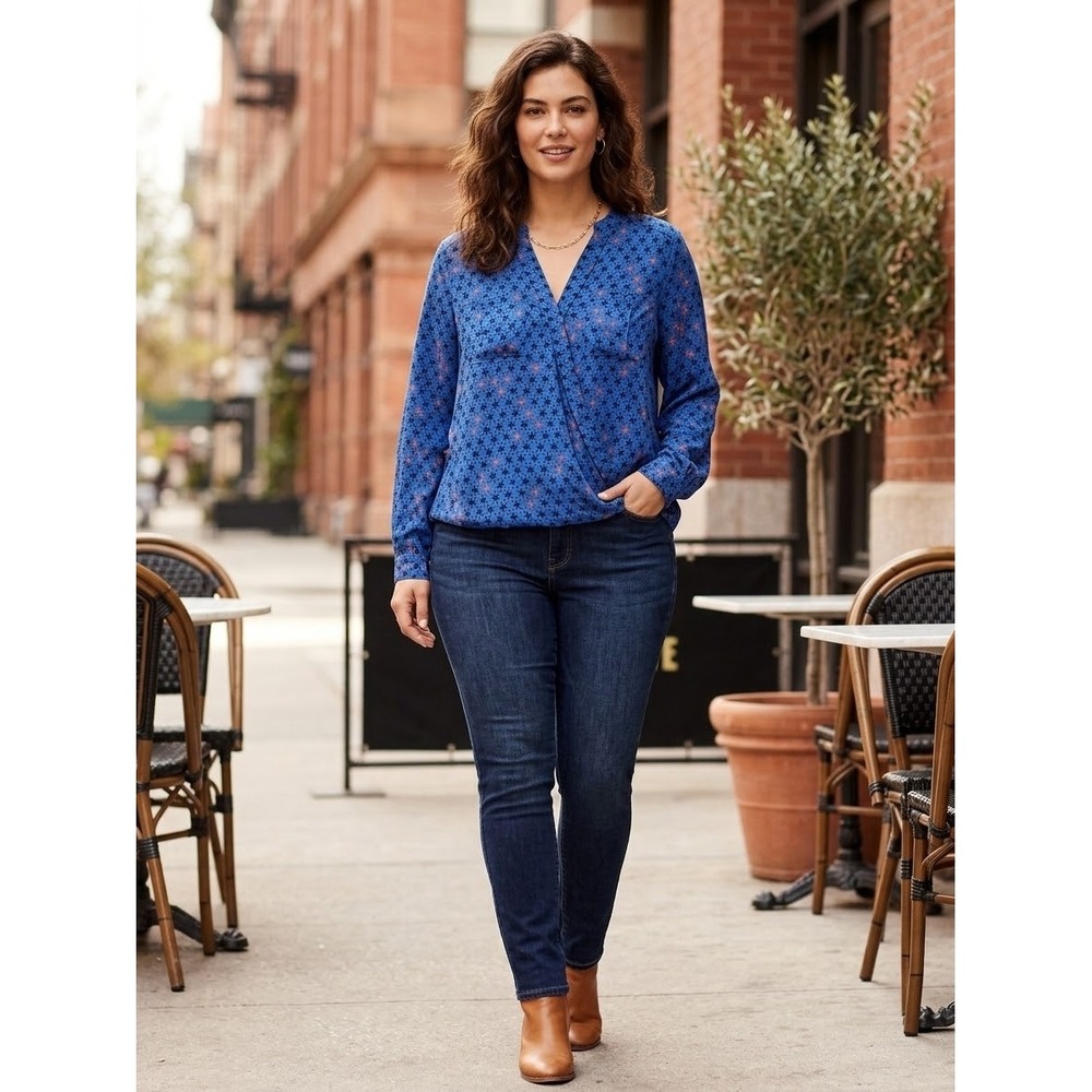 Maeve Anthropologie Blue Starburst Wrap V-Neck Blouse Size 4 Long Sleeve Pocket